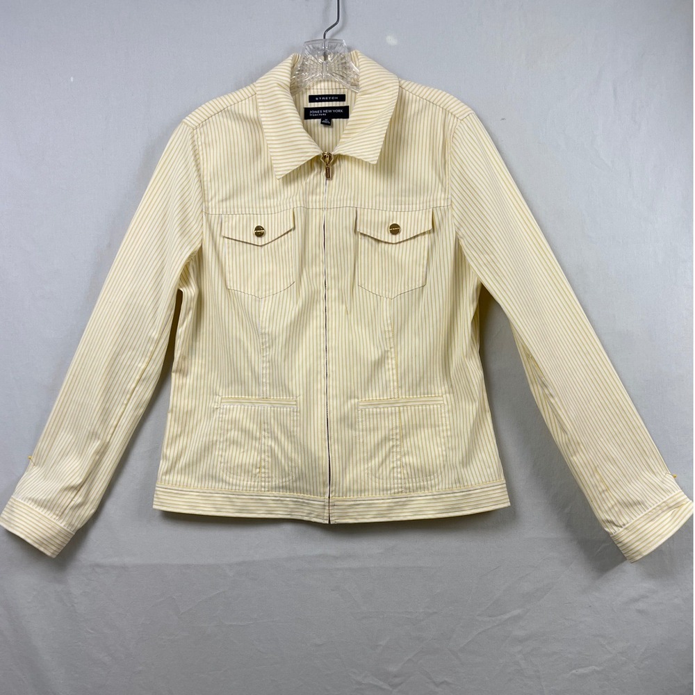 Jones New York Jacket Womens Medium Yellow White Striped Zip Up Stretch Cotton